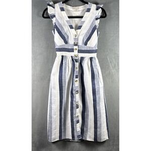 Point Sur J.Crew Women's Sz. P00 Faded Indigo Stripe 100% Linen Midi Dress Lined
